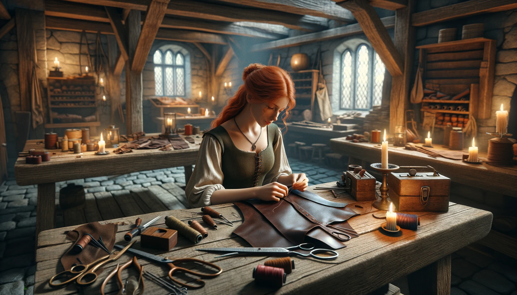 A woman working in a medieval-style leather workshop